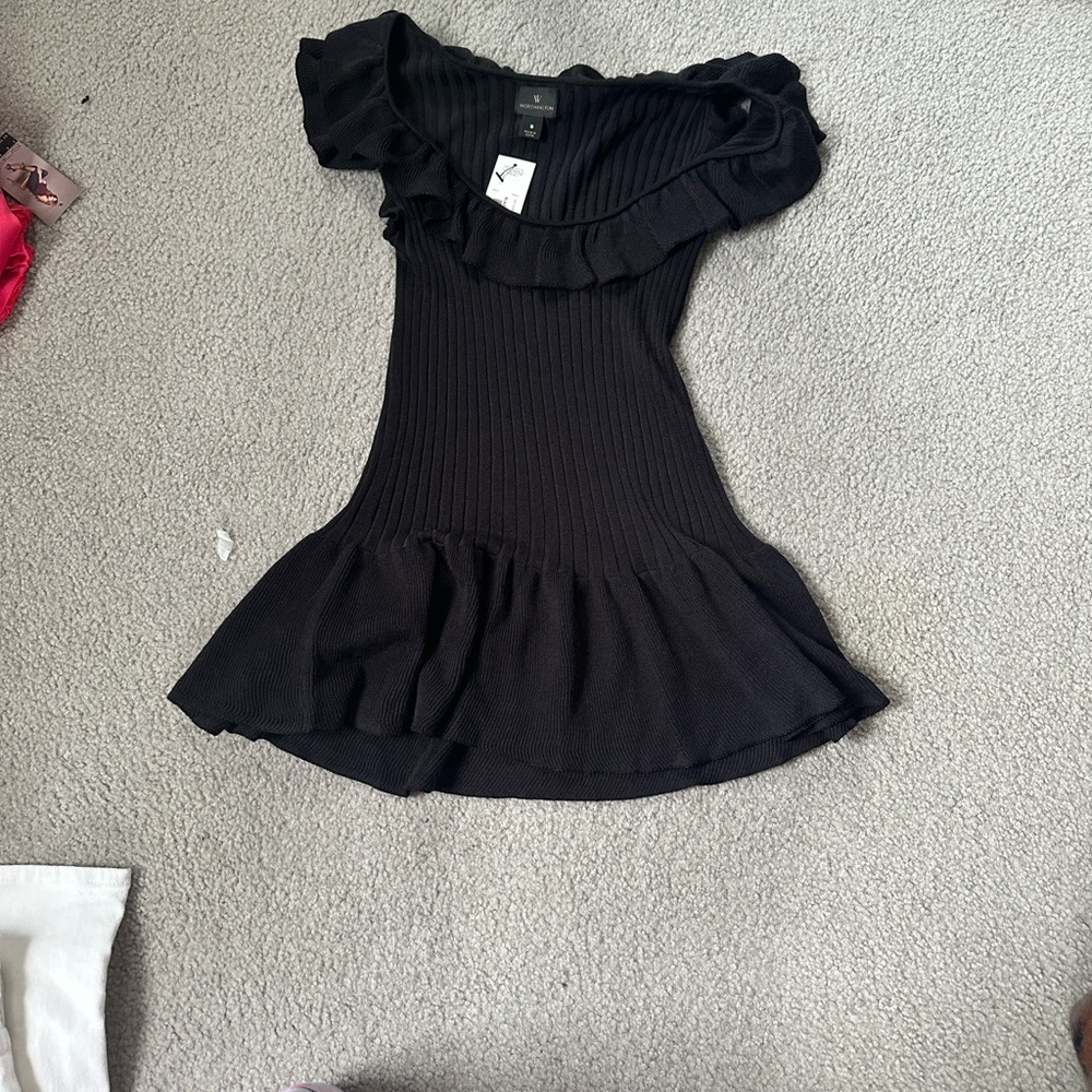 Worthington Ribbed Black Ruffle-Neck Knit Top - Picture 5 of 6